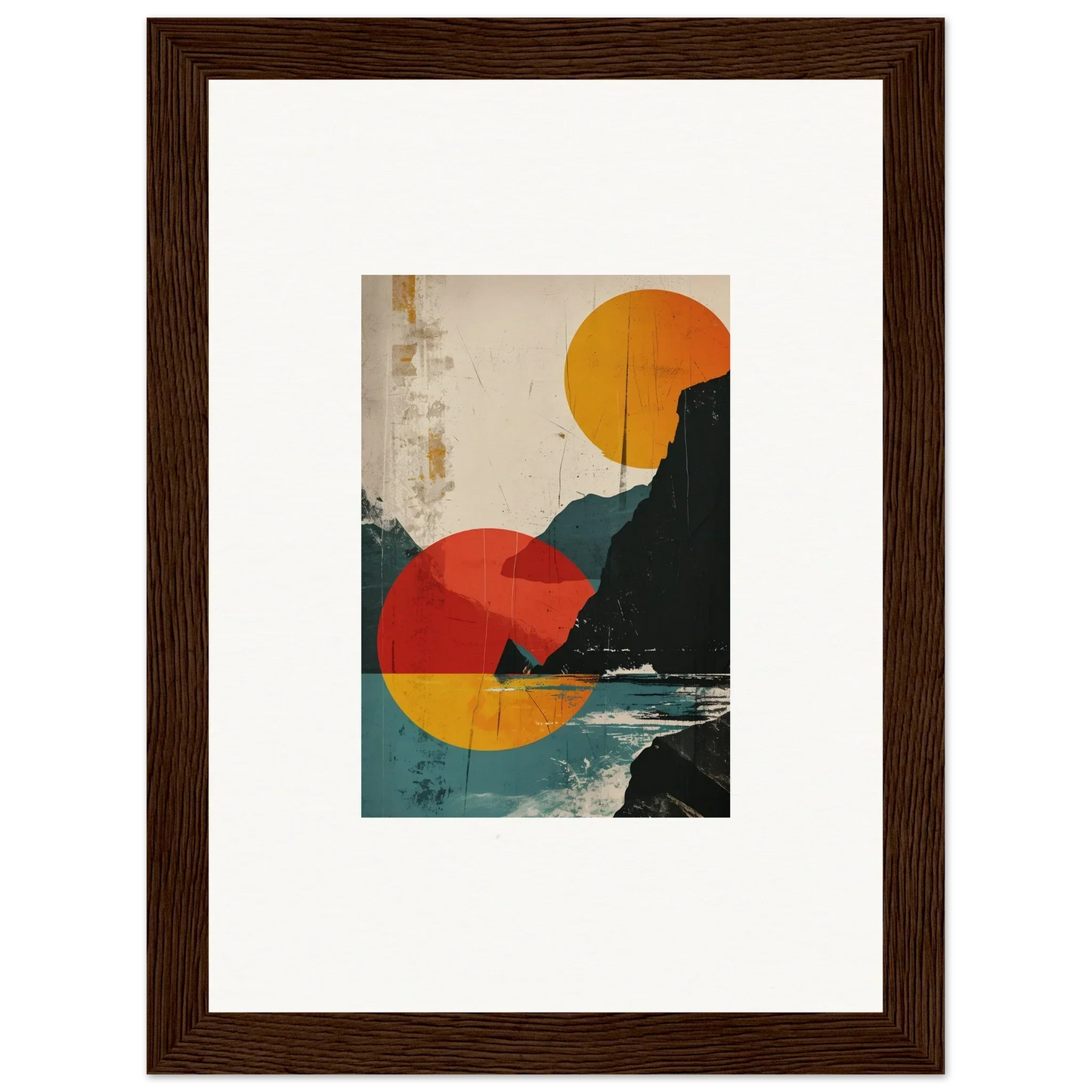 Framed abstract canvas print of coastal landscape with geometric shapes for divine reflection