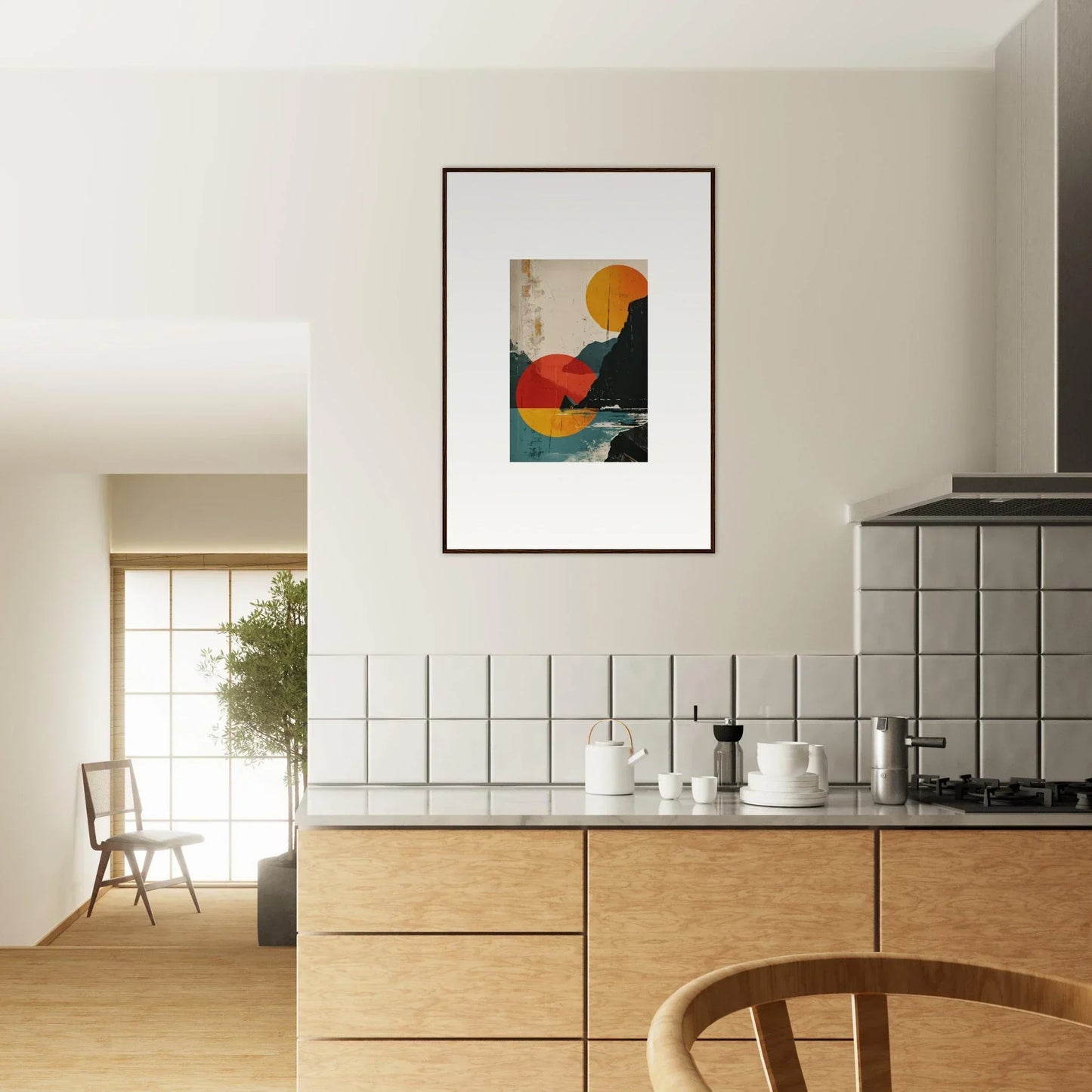 Modern kitchen featuring wooden cabinetry and the divine reflection canvas print for room decoration