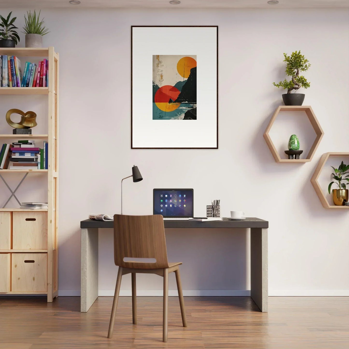 Modern home office with a desk and divine reflection canvas print for stylish room decoration
