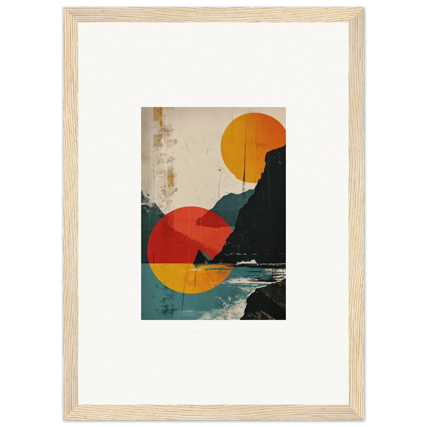 Framed canvas print of geometric shapes and coastal landscape for divine reflection room decoration