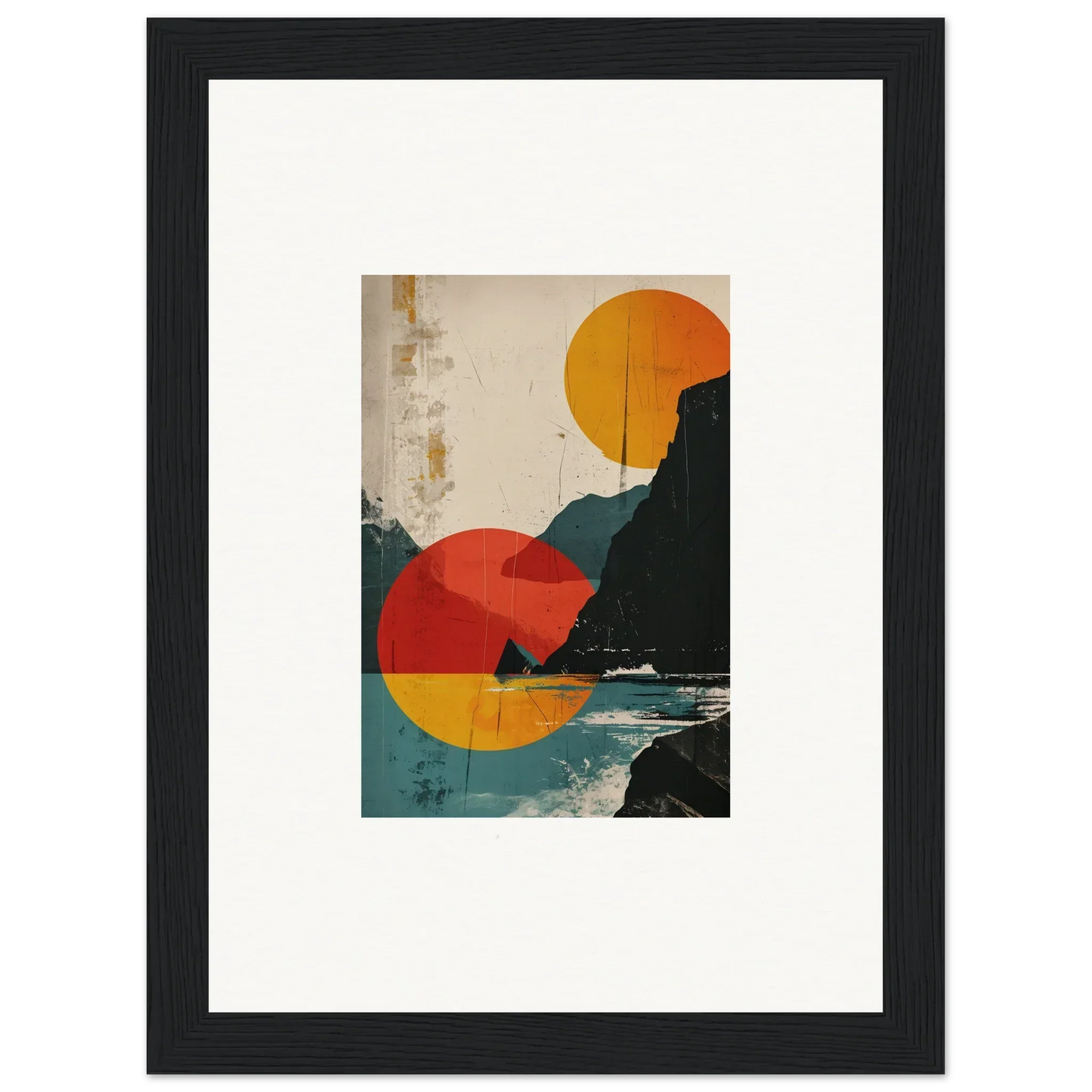 Framed abstract canvas print with geometric shapes and a coastal divine reflection
