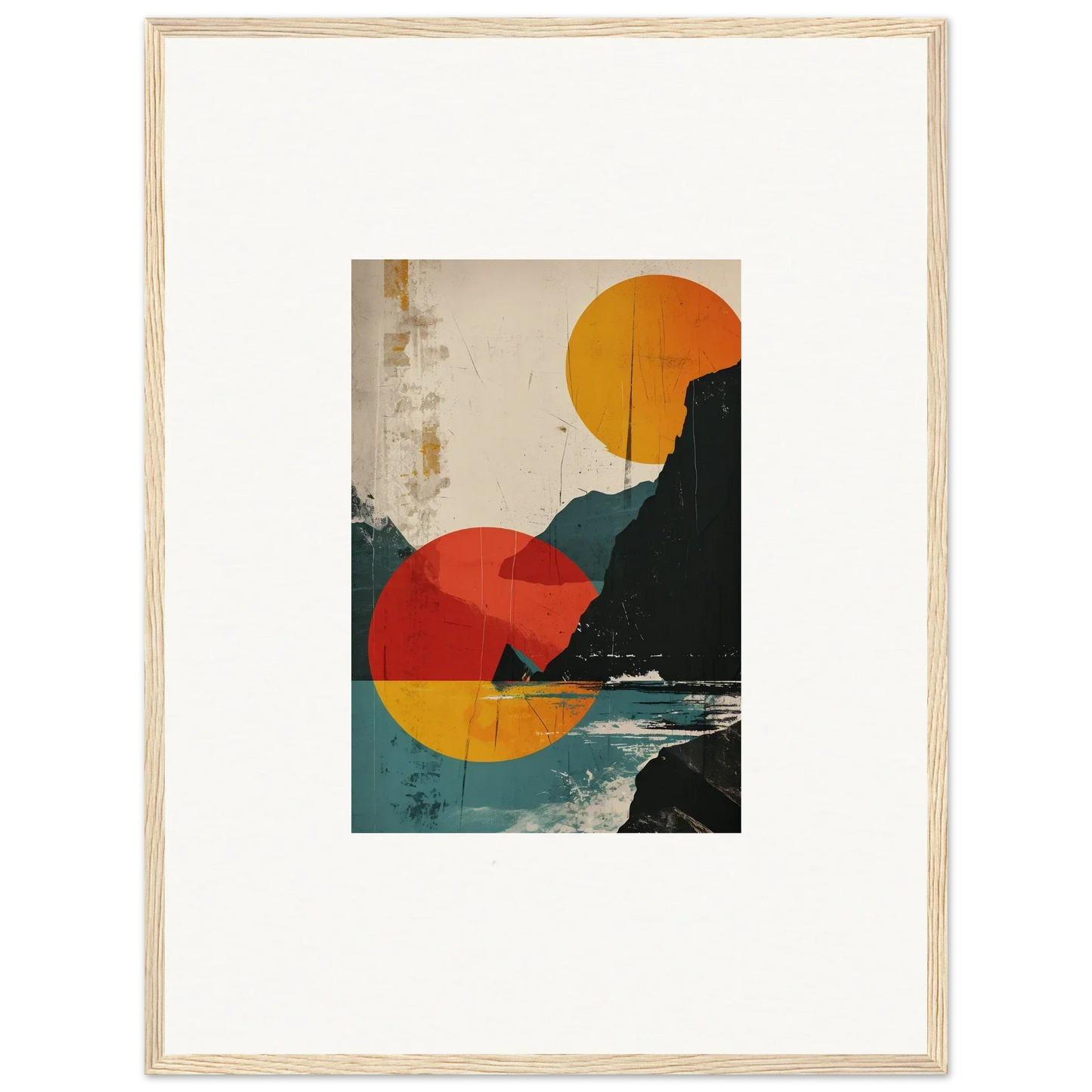 Framed abstract canvas print of geometric shapes and a coastal landscape for room decoration