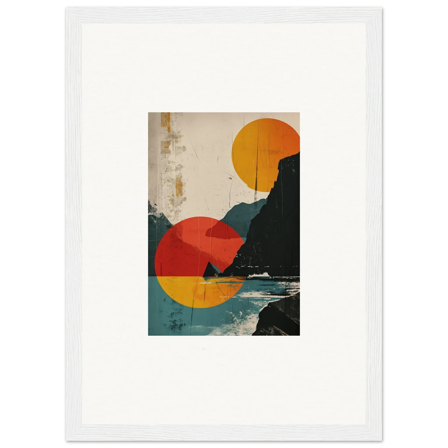 Colorful abstract canvas print of a coastal landscape with geometric shapes and divine reflection
