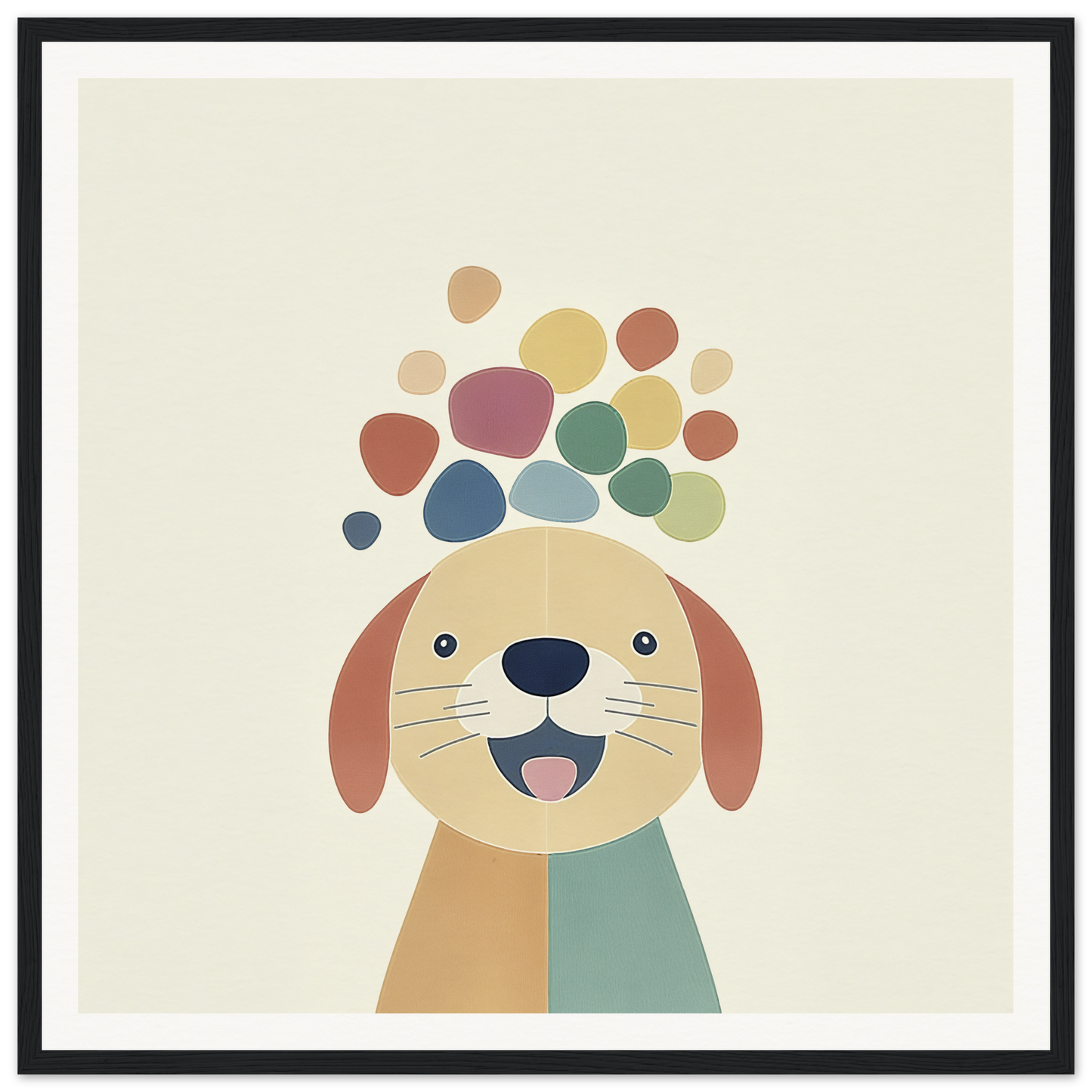 Happy cartoon dog surrounded by colorful bubbles in Playful Canine Dreamscapes