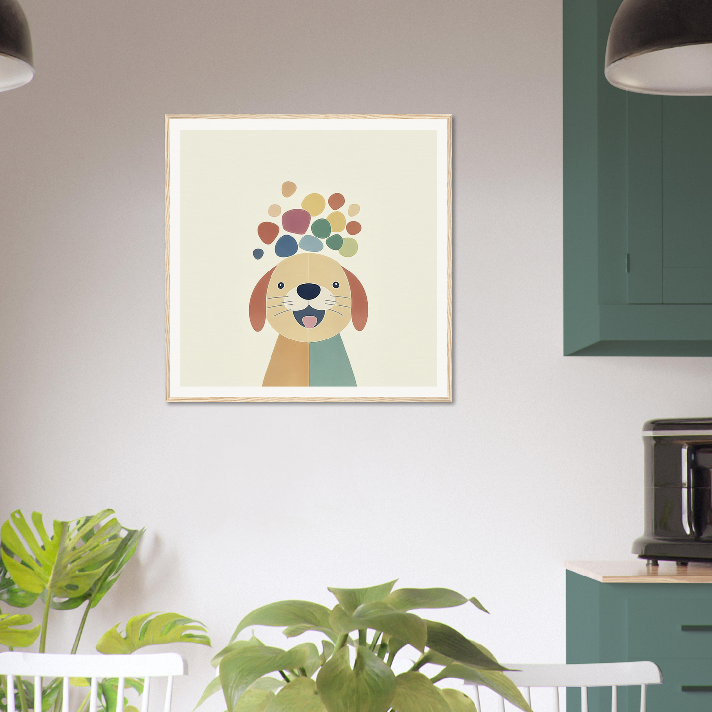 Framed cartoon illustration of a happy dog in Playful Canine Dreamscapes design