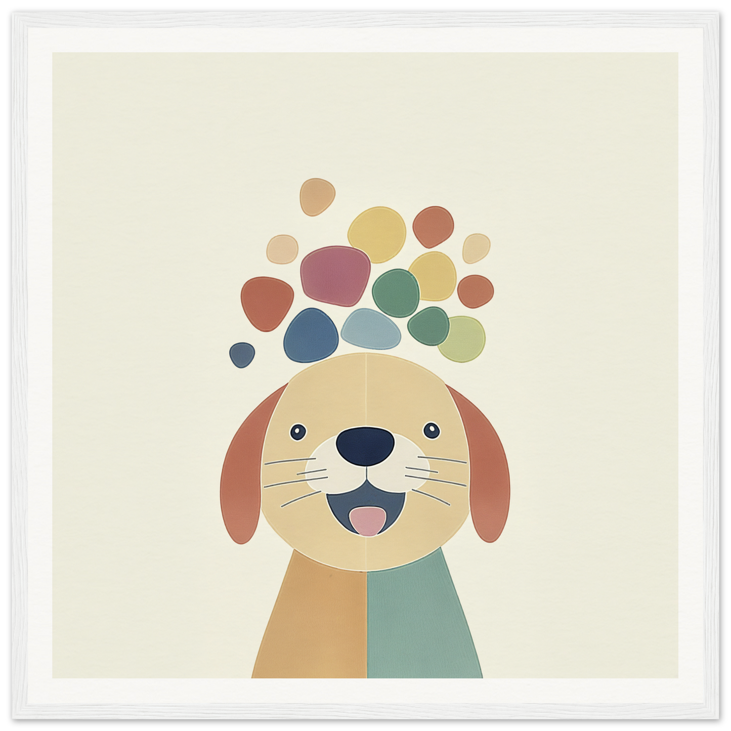 Happy cartoon dog amidst colorful bubbles in Playful Canine Dreamscapes