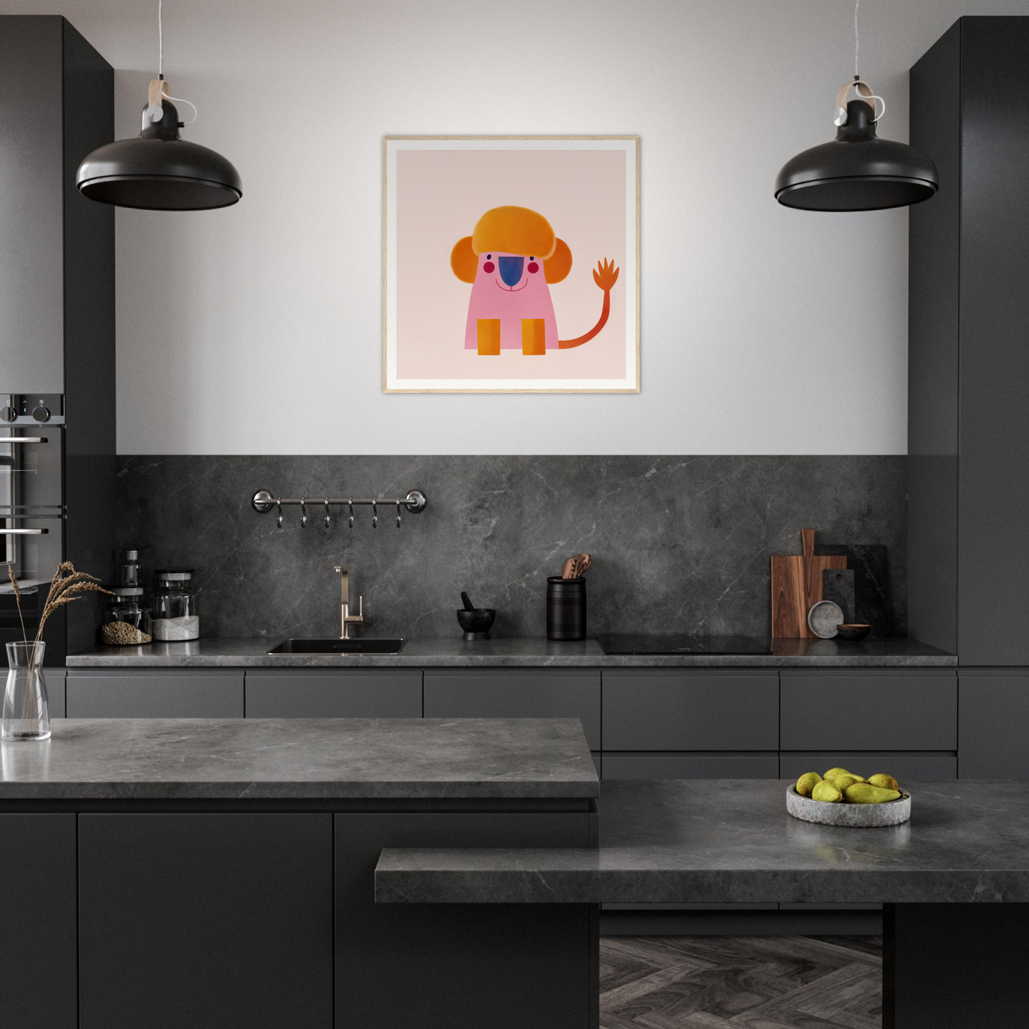 Modern dark gray kitchen featuring Playful Prismatic Roar special edition art™ with pink elephant