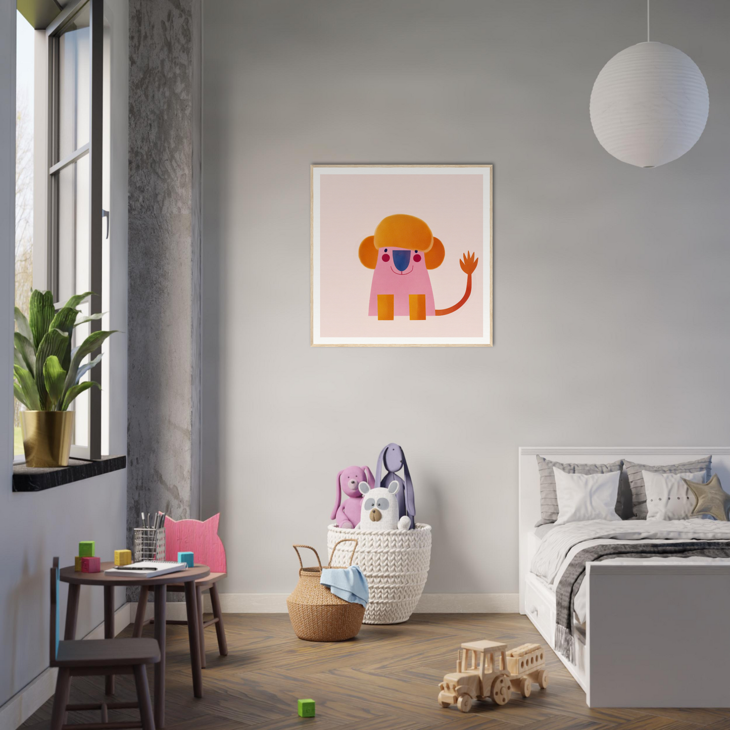 Framed illustration of an orange cartoon dog in sunglasses for Playful Prismatic Roar