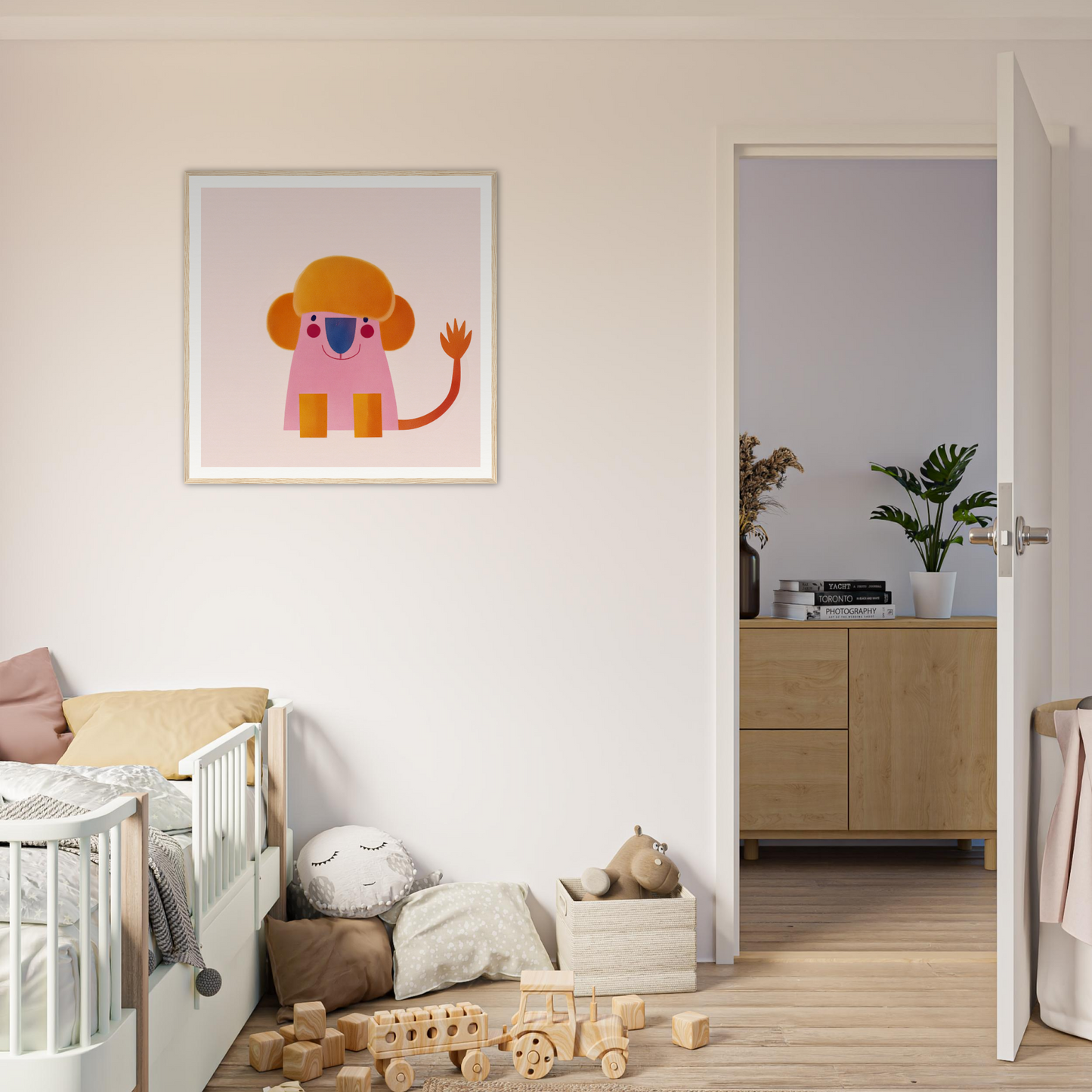 Cute cartoon orange monster with pink body waving hello from Playful Prismatic Roar