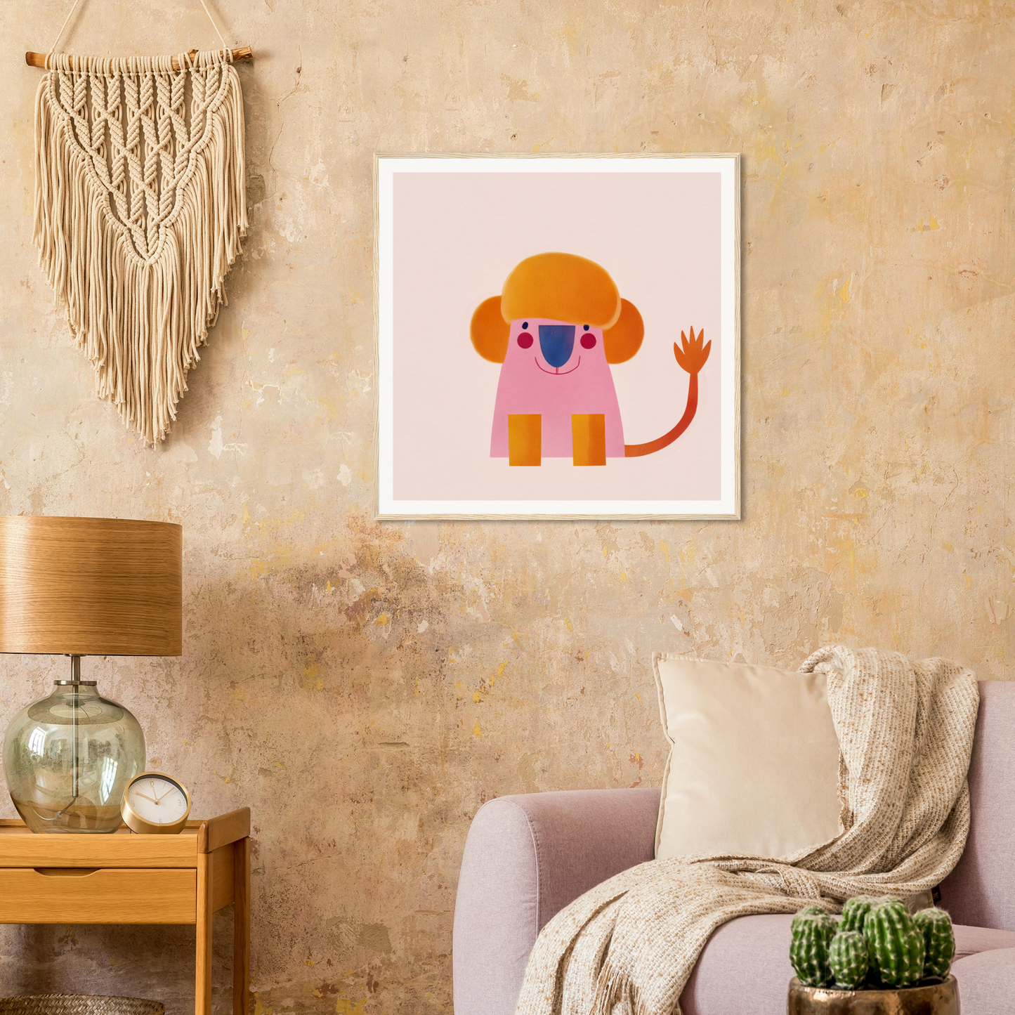 Framed pink and orange cartoon elephant illustration for Playful Prismatic Roar