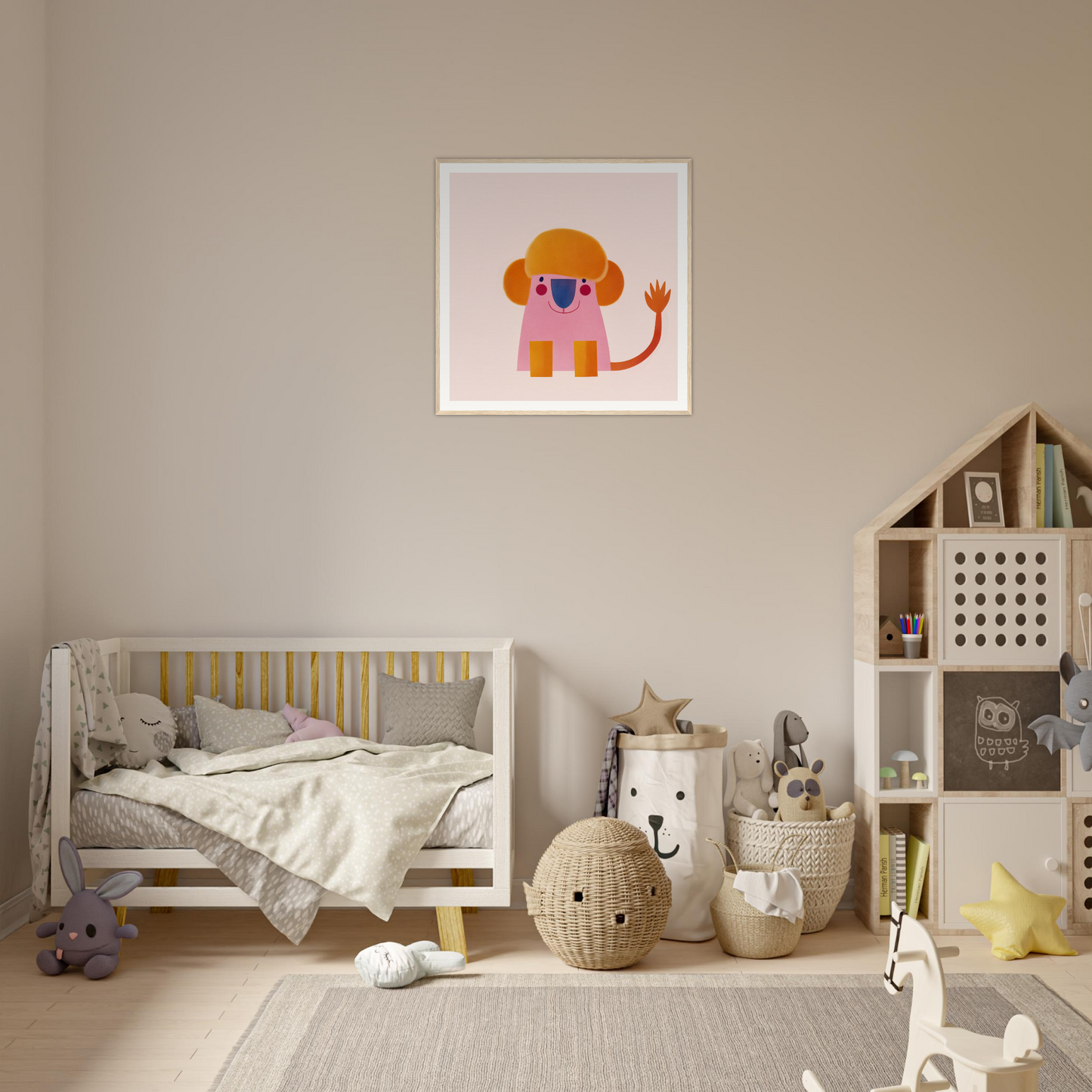 Cozy nursery showcasing Playful Prismatic Roar decor with wooden crib and playful art