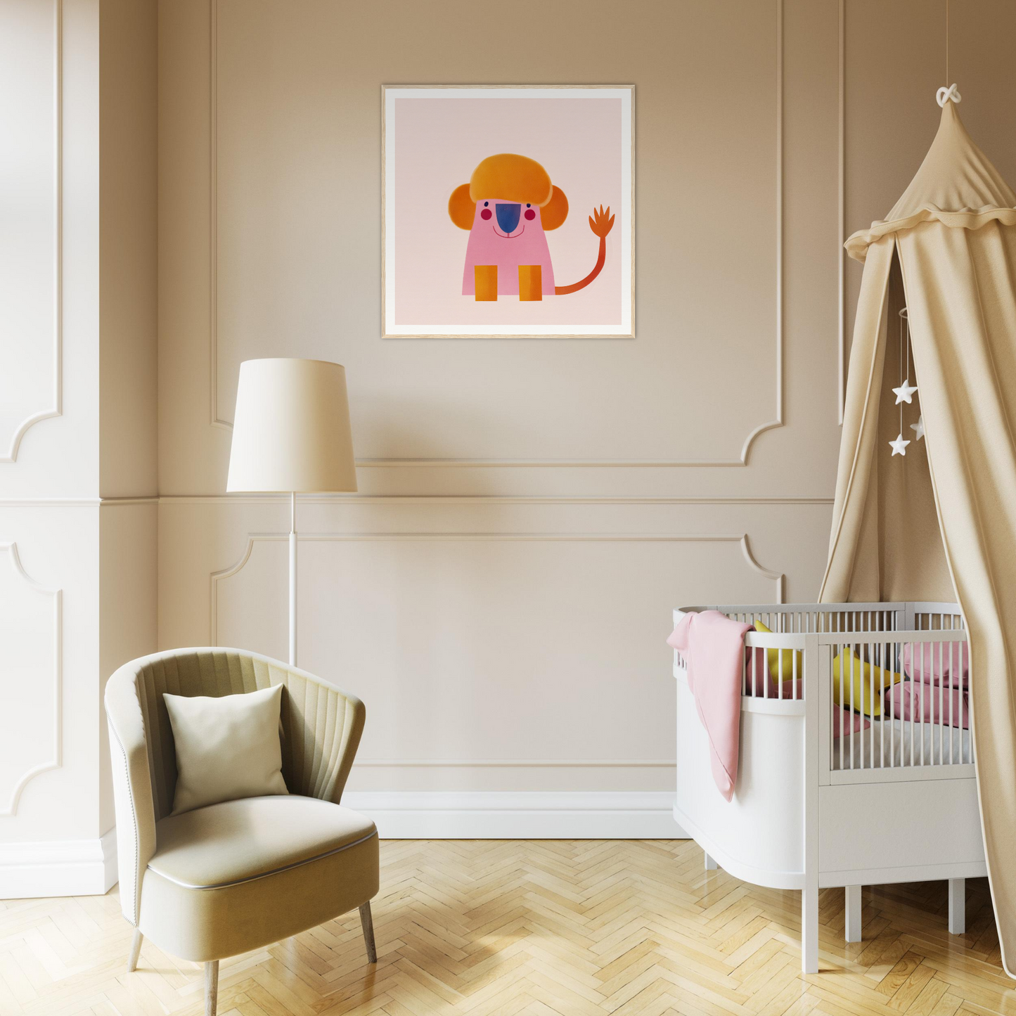Nursery room featuring Playful Prismatic Roar special edition art™ with whimsical dog artwork