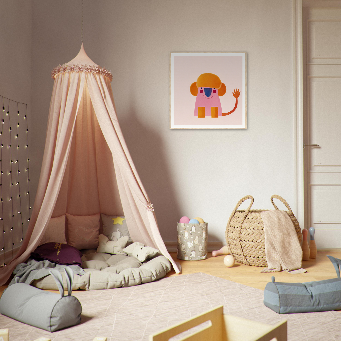 Pink canopy tent with draped fabric for Playful Prismatic Roar special edition art™