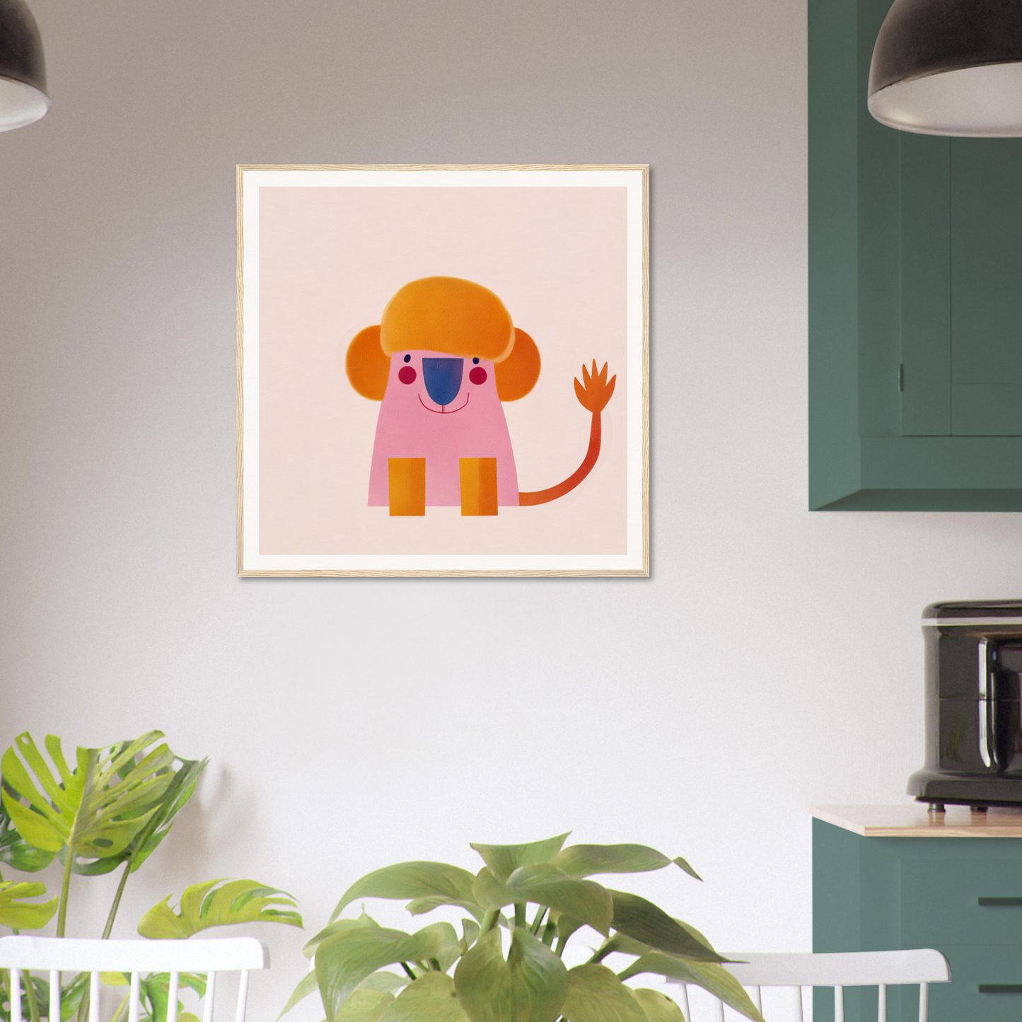 Playful Prismatic Roar features a pink and orange cartoon elephant in minimalist art style