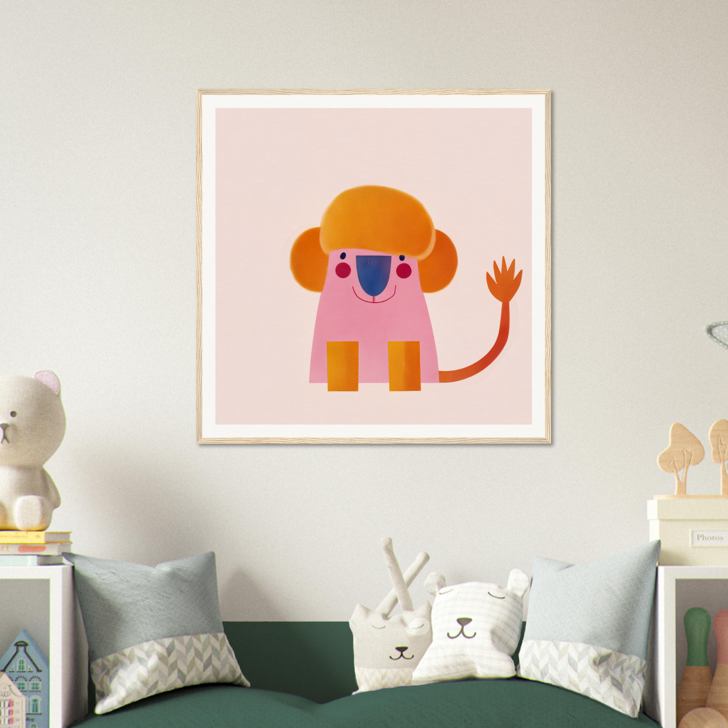 Pink cartoon lion with orange mane waving its paw from Playful Prismatic Roar