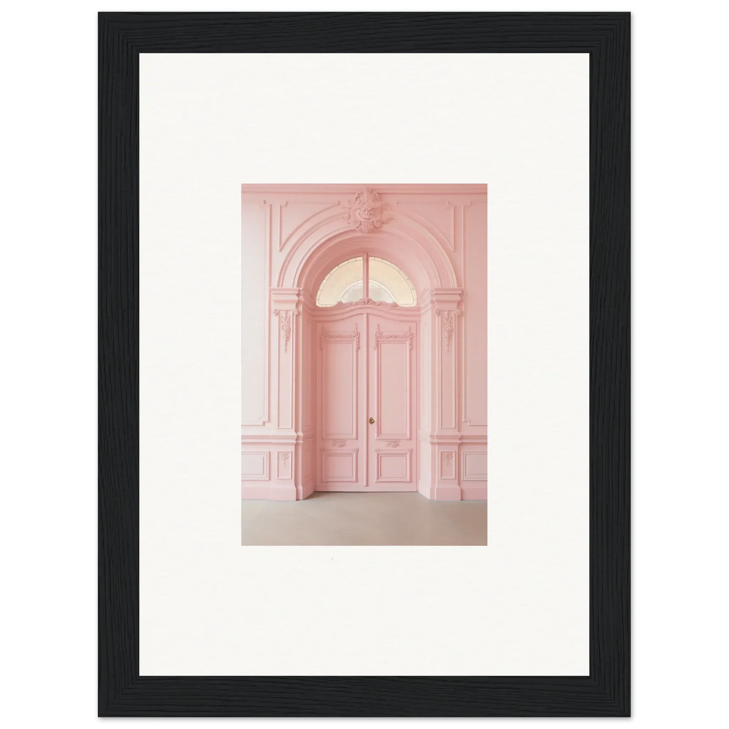 Elegant pink arched doorway with molding in Pompadour Cogswheel Echoes framed wall art