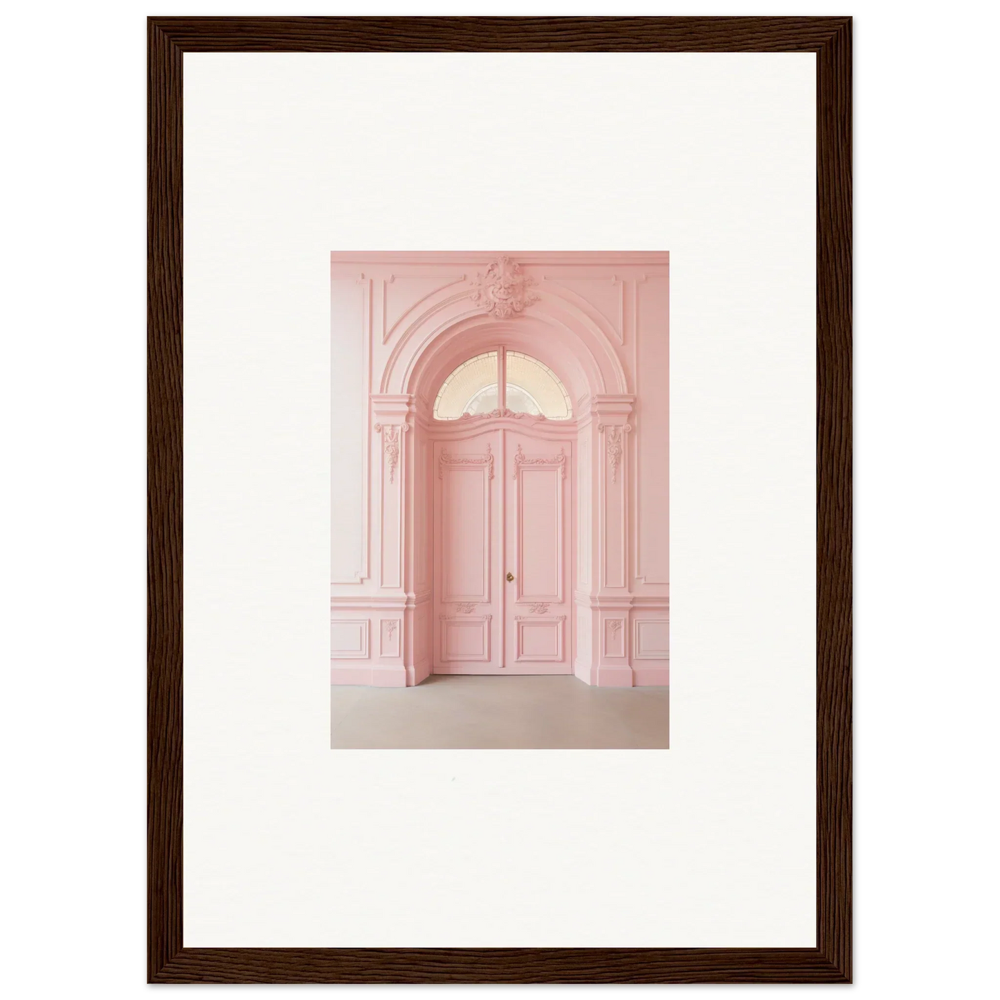 Elegant arched pink doorway art in Pompadour Cogswheel Echoes framed wall art