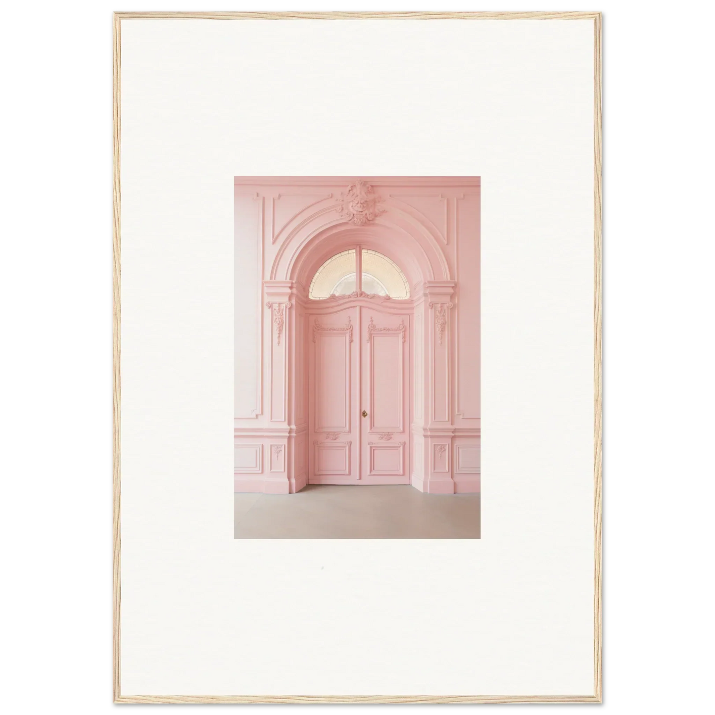 Elegant pink double door with arched transom in Pompadour Cogswheel Echoes framed wall art