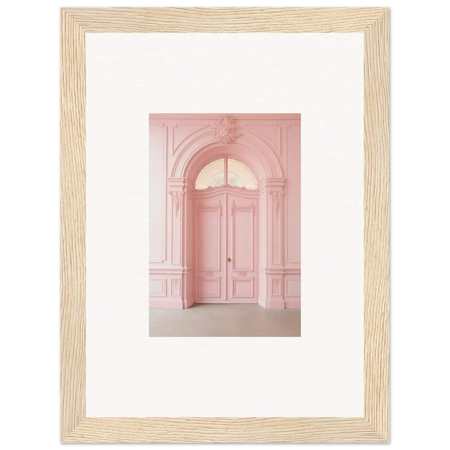 Pink arched doorway with ornate molding in Pompadour Cogswheel Echoes framed wall art