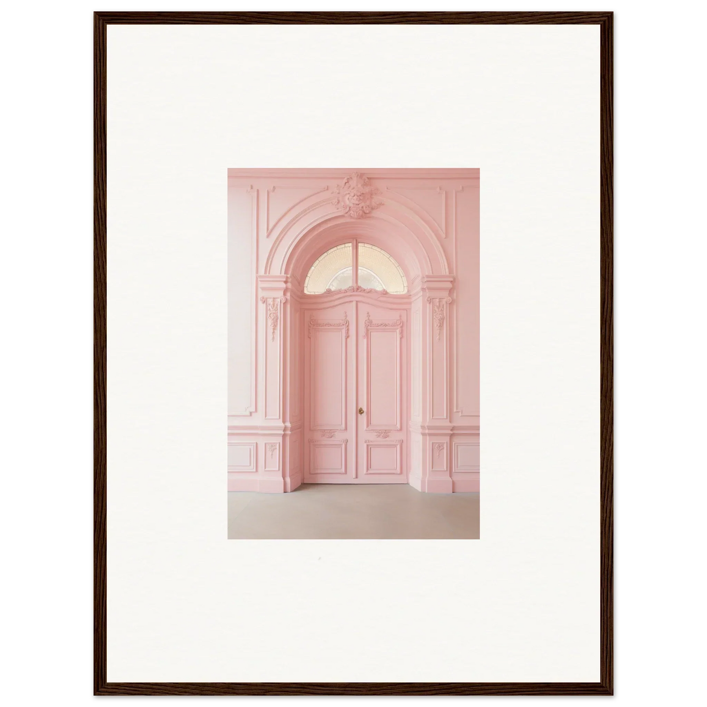 Elegant pink arched doorway with ornate molding in Pompadour Cogswheel Echoes art
