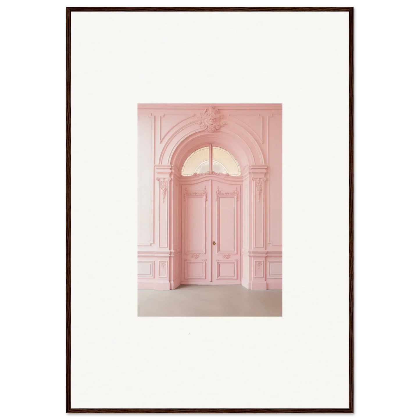 Elegant pink arched doorway with ornate details in Pompadour Cogswheel Echoes art piece