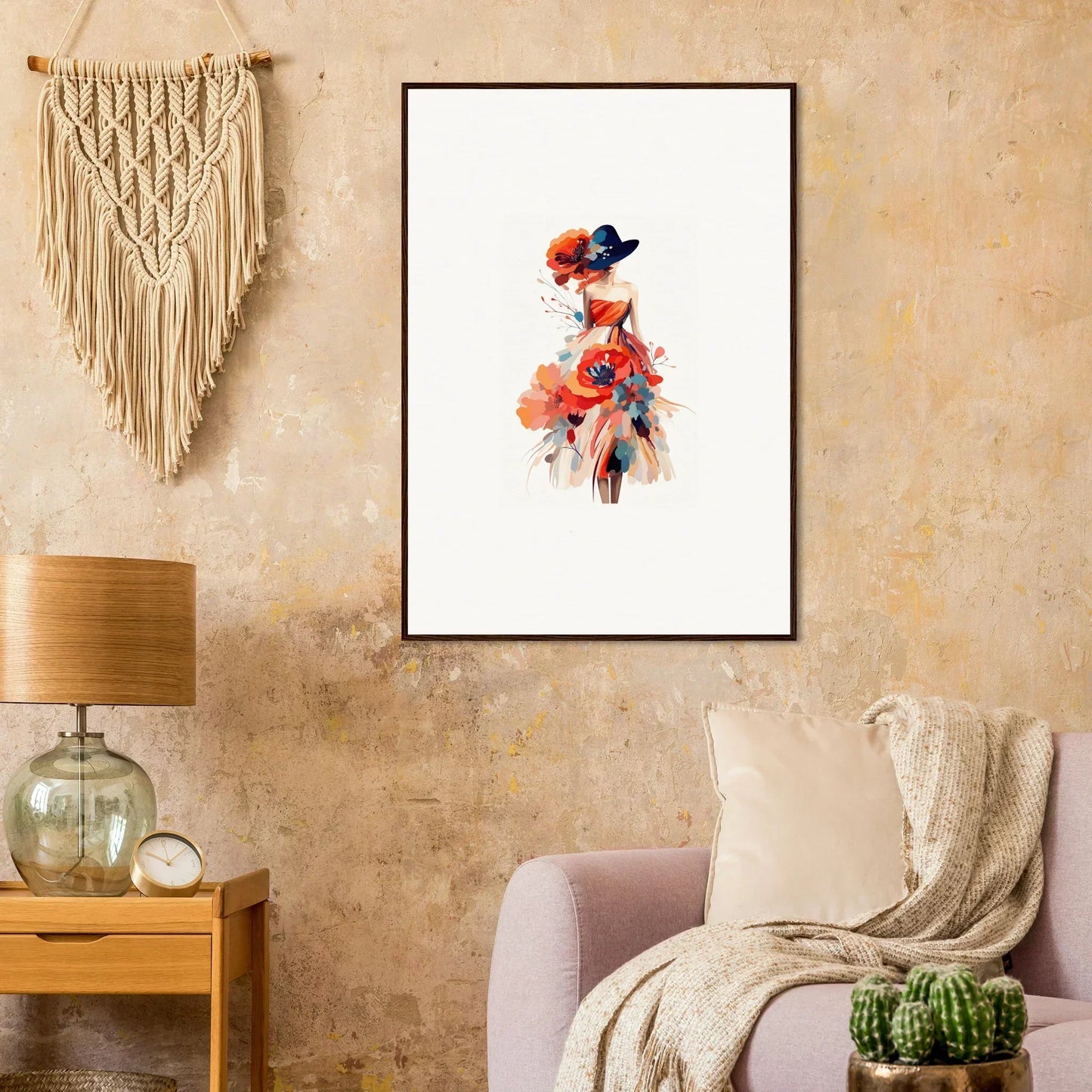 Framed watercolor wall art of a colorful feminine figure for stylish room decoration