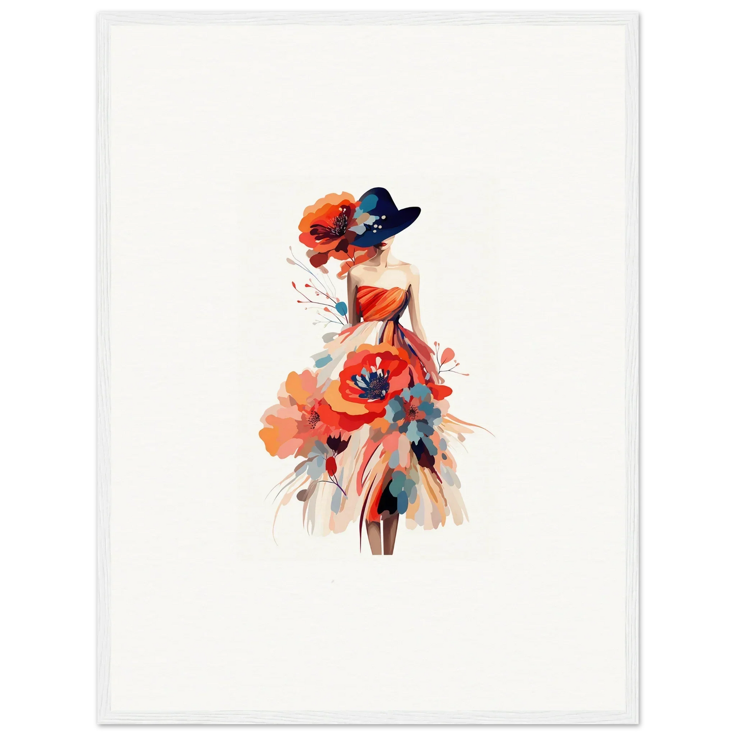 Watercolor illustration of a woman in a floral dress for stylish wall art or room decoration