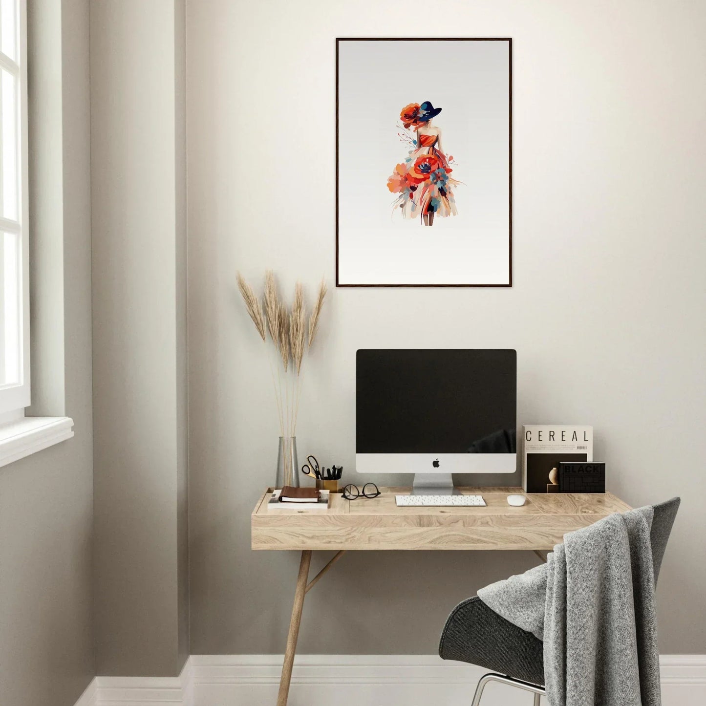 Minimalist home office setup with wooden desk, computer, and Poppies Alta Canvas Print wall art