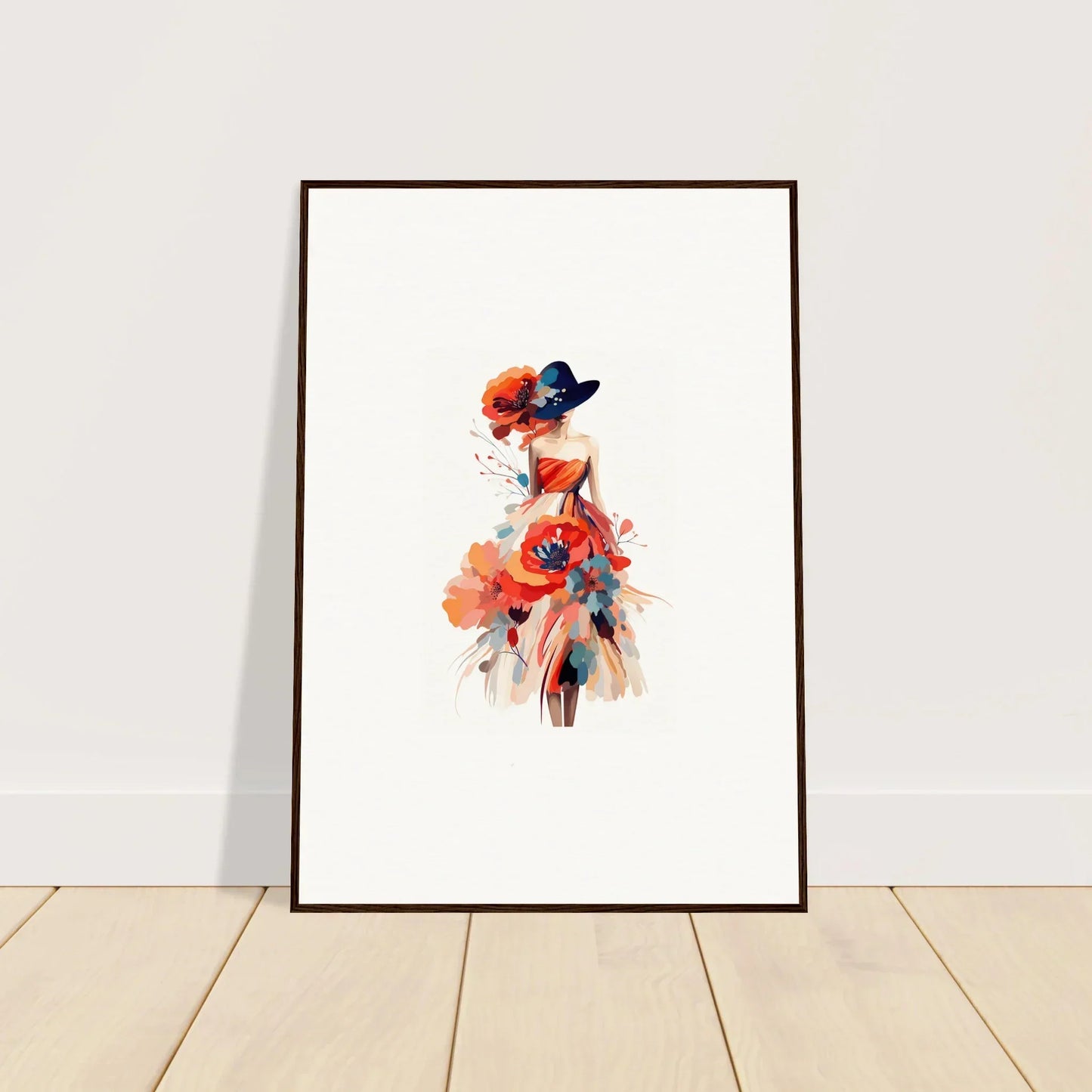 Watercolor wall art of a stylish female figure in a dress and hat for room decoration