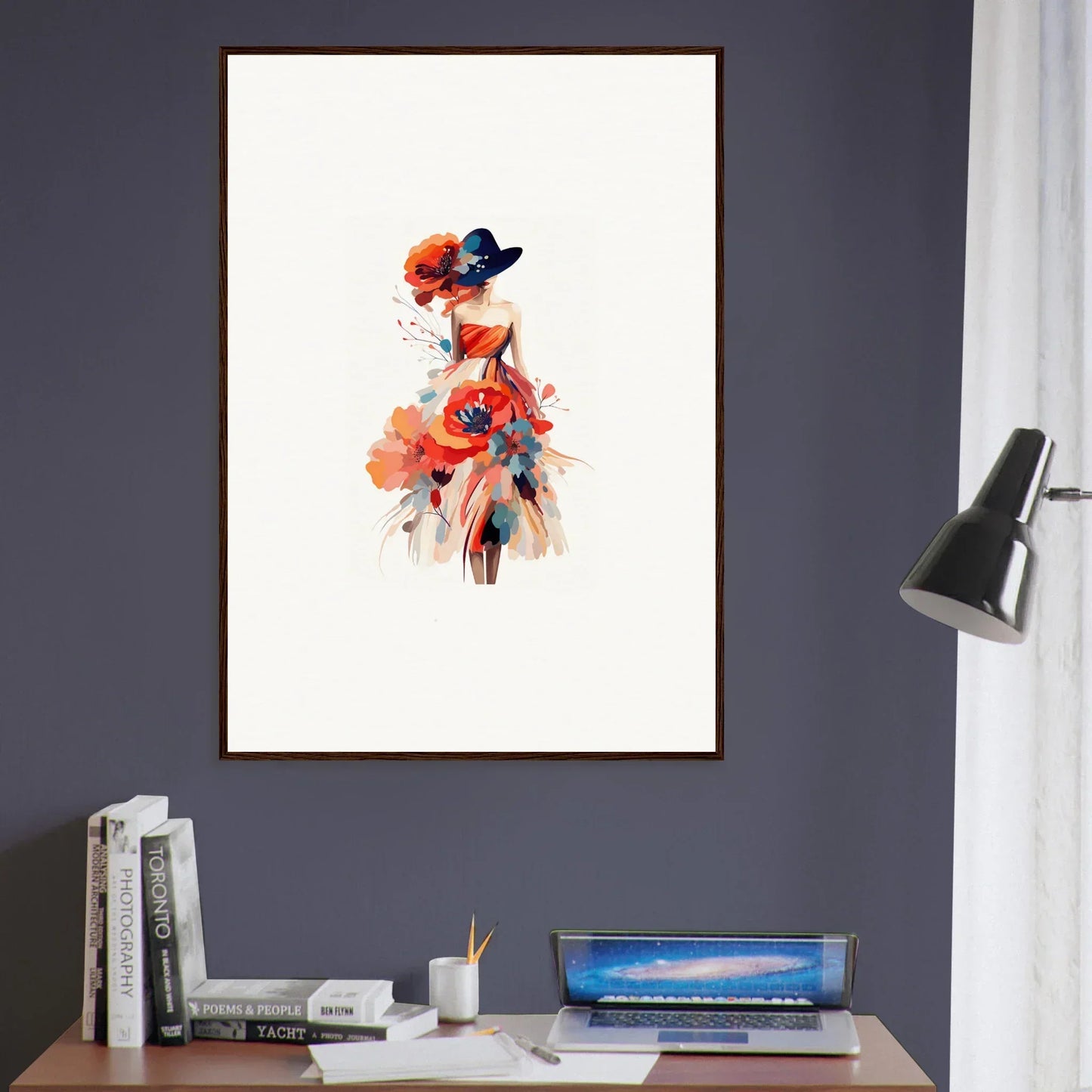 Watercolor-style wall art of woman in vibrant dress for stylish room decoration