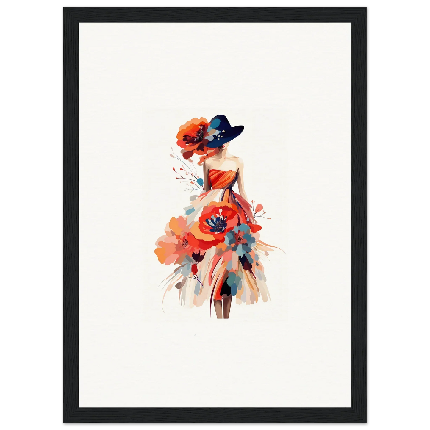 Stylized watercolor of a woman in a floral dress, perfect canvas print for wall art