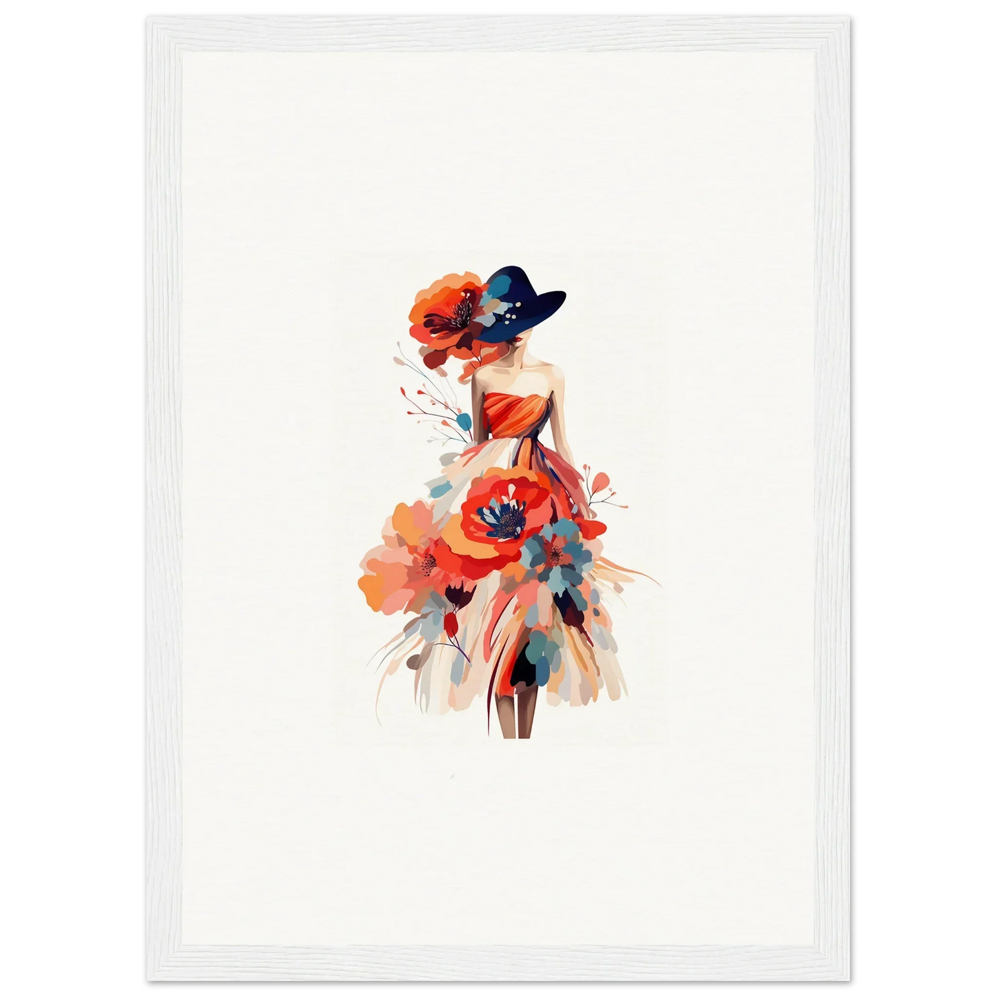 Watercolor woman in red dress and blue hat, perfect for canvas print wall art