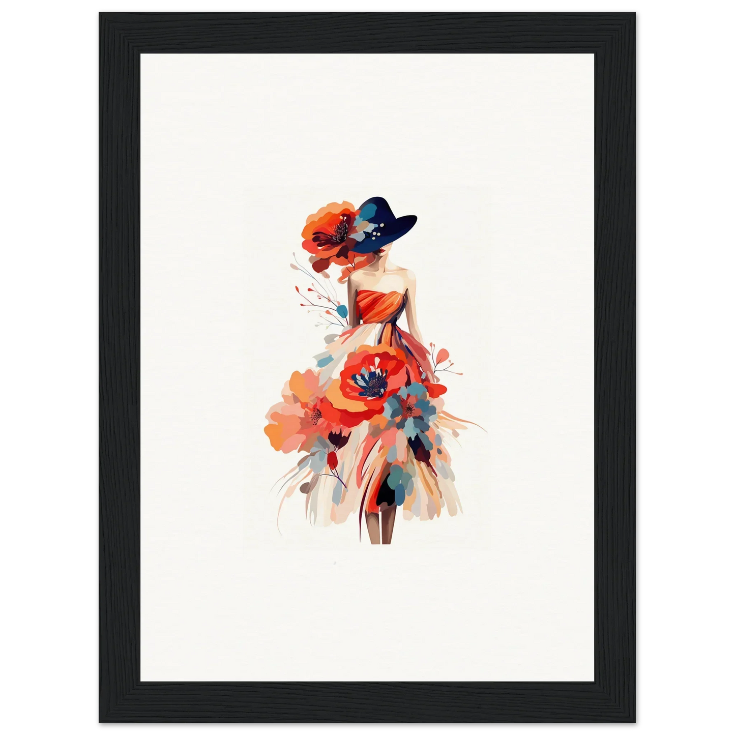 Stylized watercolor woman in floral dress, perfect for room decoration or canvas print