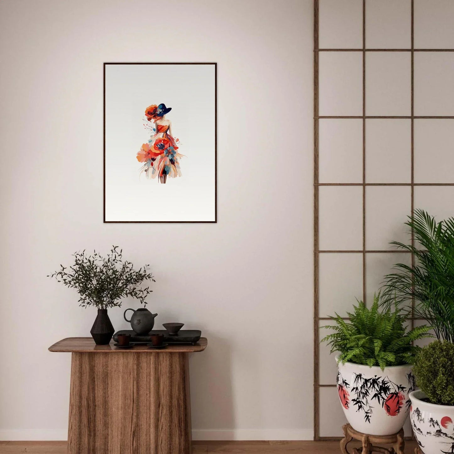 Framed watercolor wall art of a red and blue figure, perfect for room decoration