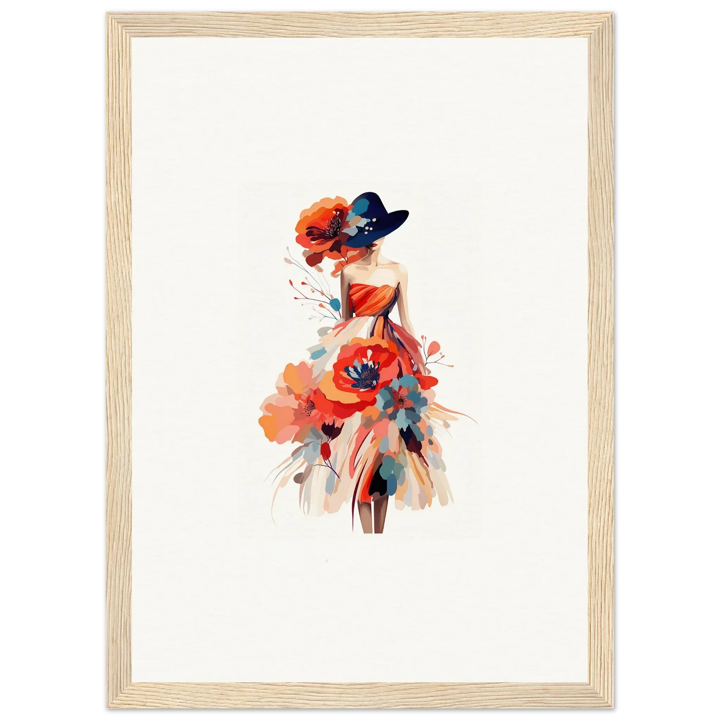 Watercolor wall art of a woman in a red dress and blue hat for stylish room decoration