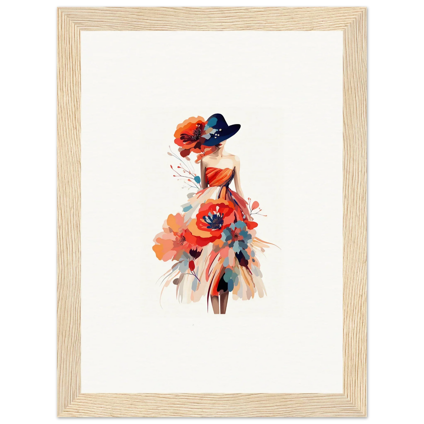 Watercolor woman in red dress and blue hat perfect for wall art or room decoration