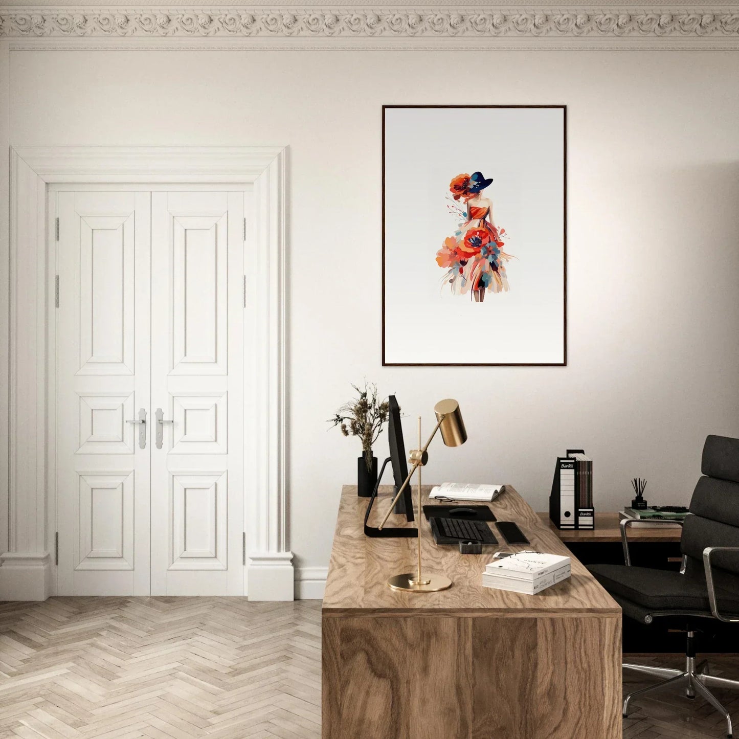 Elegant home office with wooden desk, typewriter, and abstract wall art for room decoration