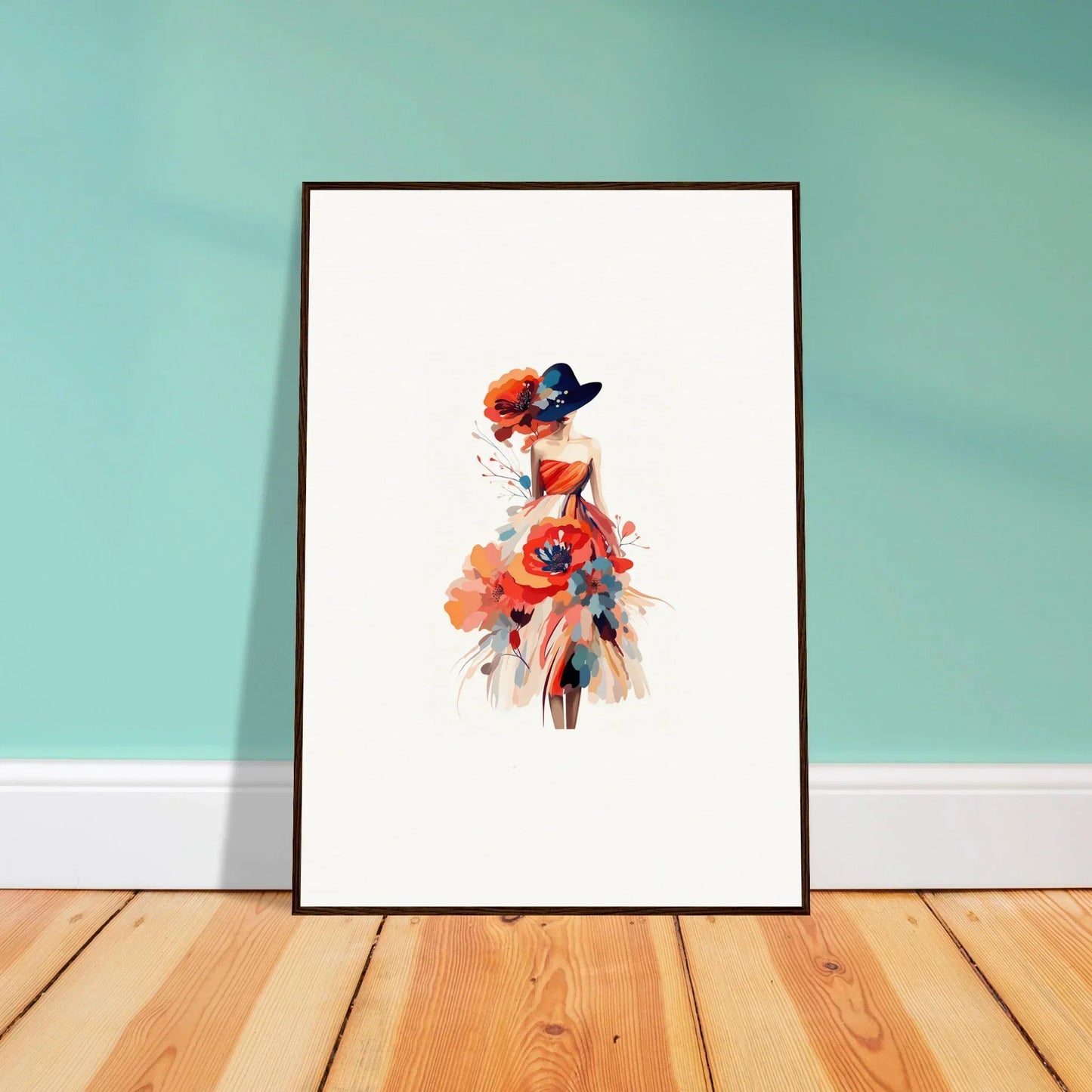 Framed watercolor wall art of a stylish female figure in red and blue for room decoration