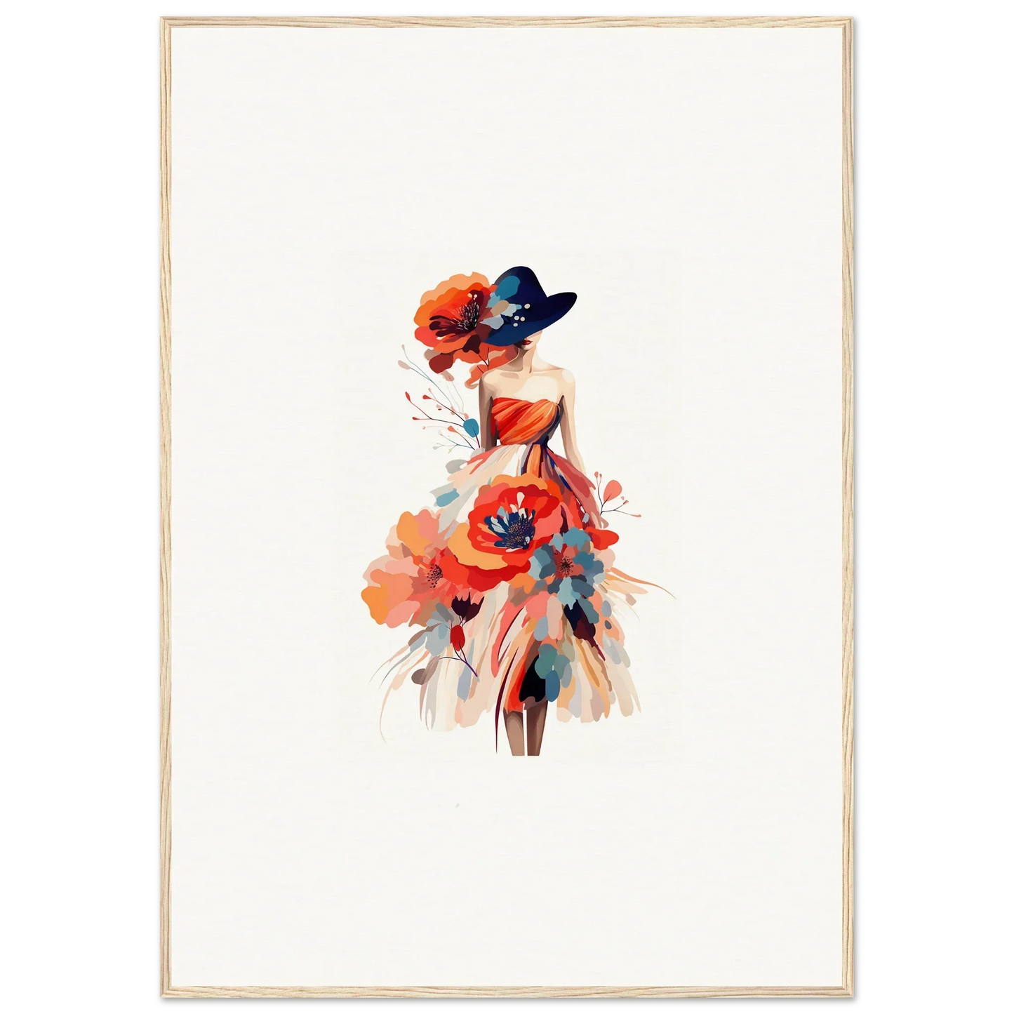 Watercolor illustration of a woman in a floral dress for stylish room decoration wall art