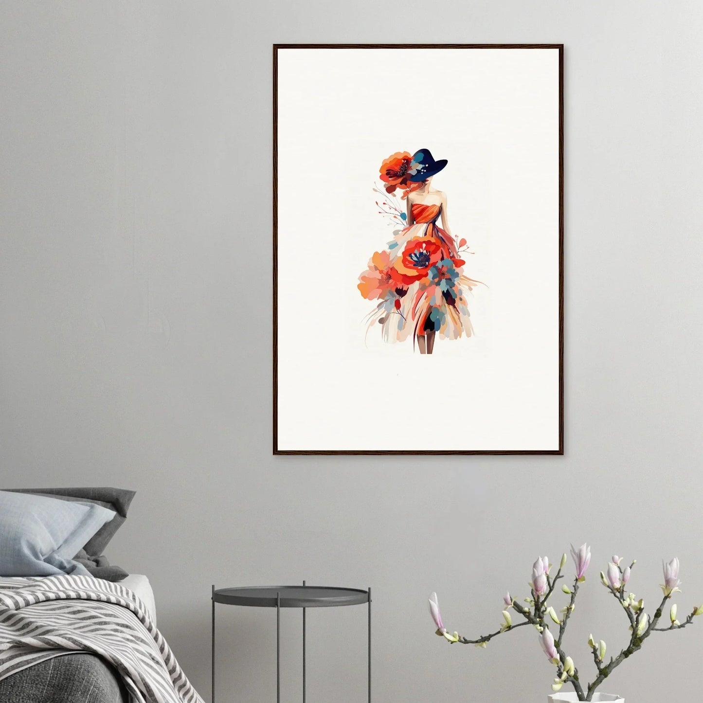 Watercolor-style wall art of a stylish figure in a dress for chic room decoration
