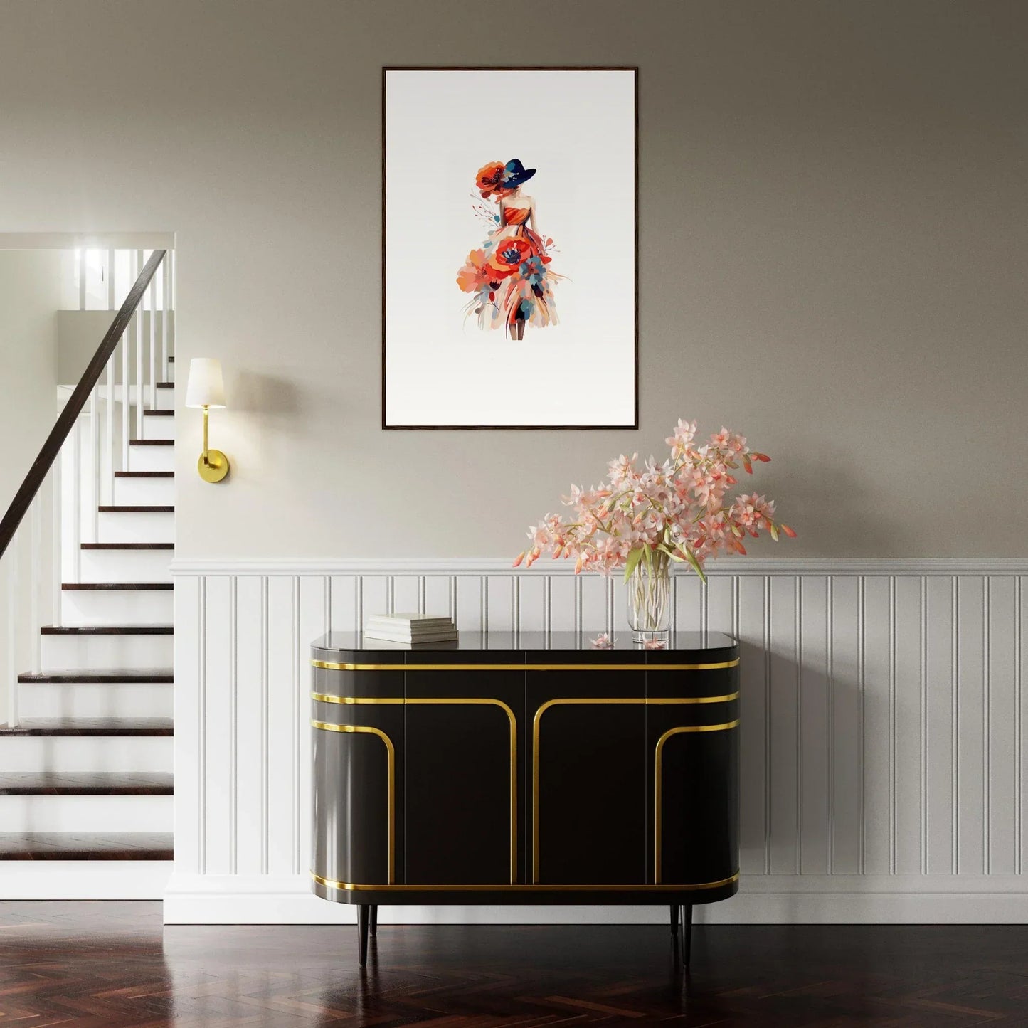 Elegant entryway with black and gold console showcasing stunning wall art and decor