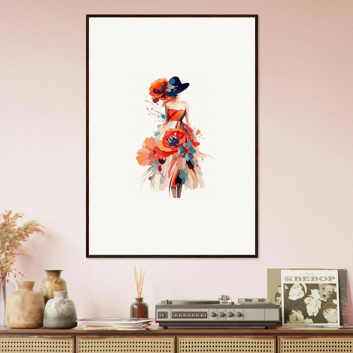 Framed watercolor wall art of a vibrant female figure for stylish room decoration