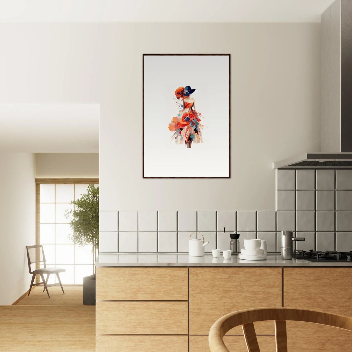 Framed canvas print of a vibrant figure in orange and red for stylish room decoration