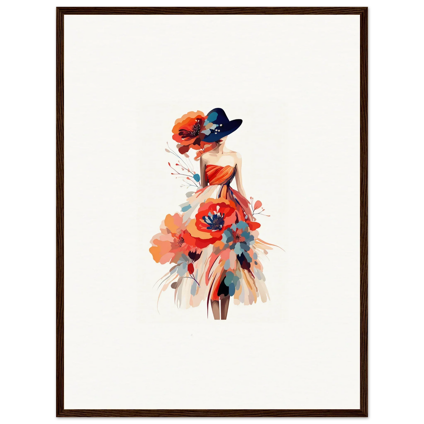 Watercolor wall art of a woman in a floral dress for chic room decoration