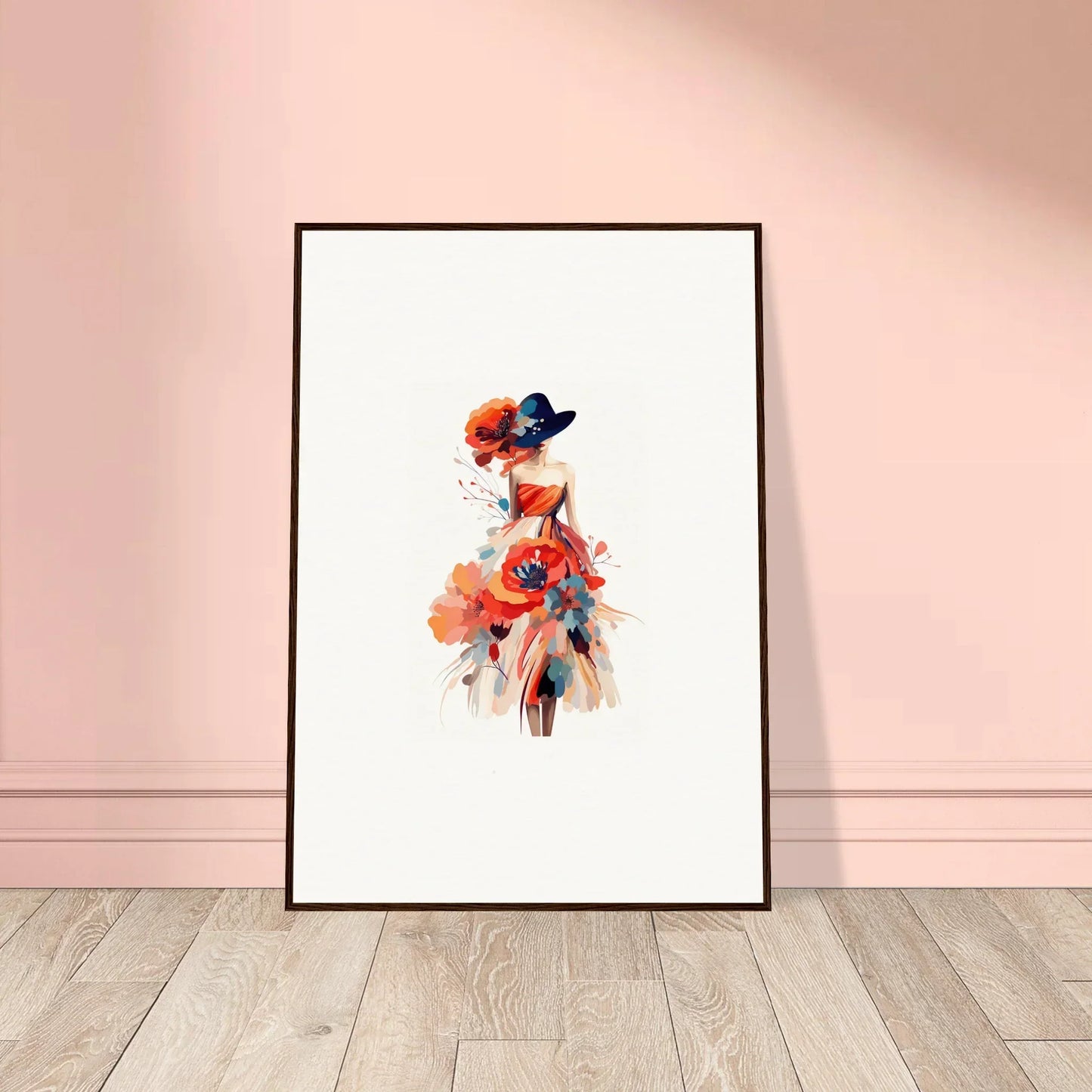 Framed watercolor wall art of a female figure with vibrant red flowers for room decoration