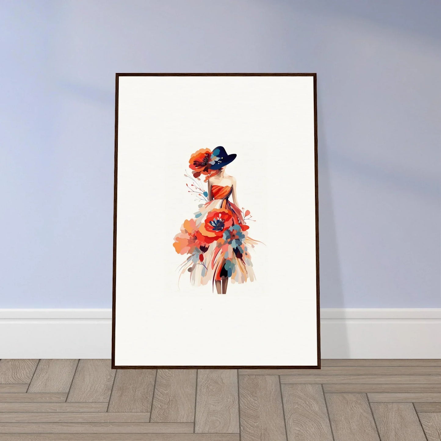 Watercolor wall art of a chic woman in a red dress and blue hat for room decoration