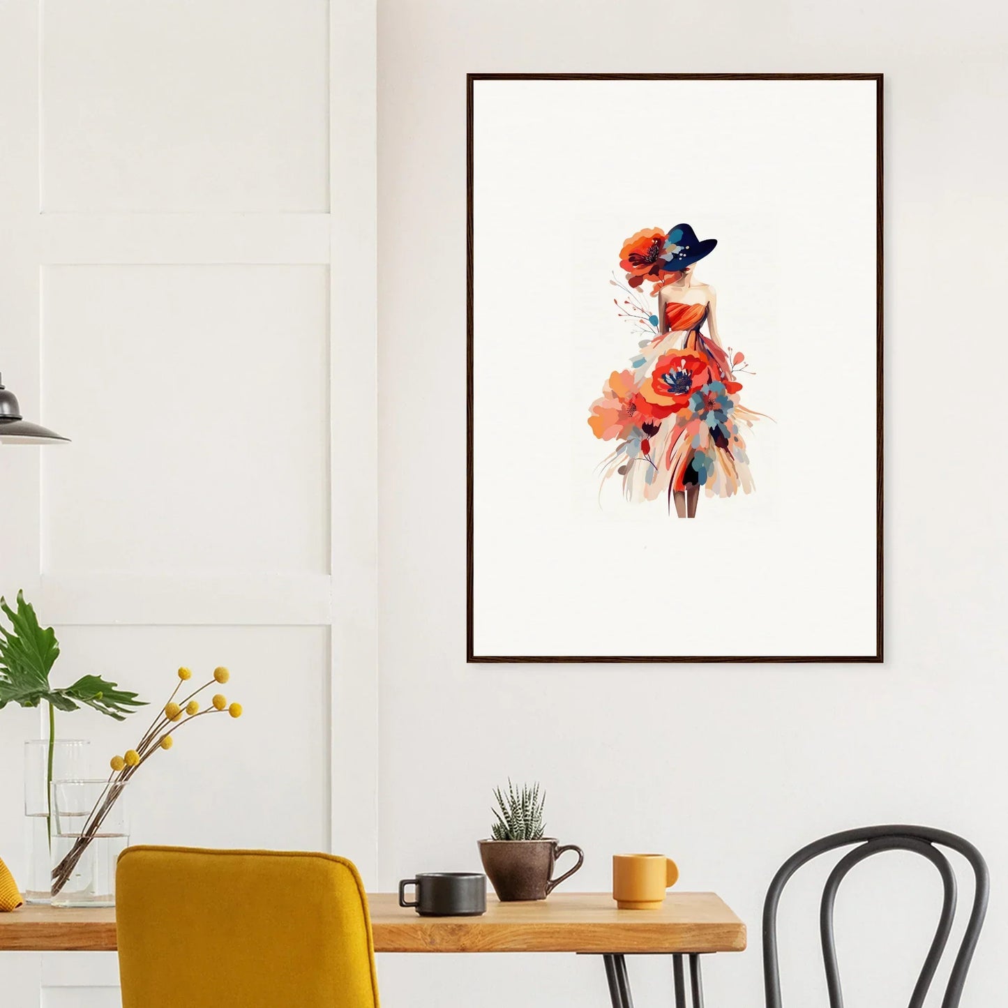 Framed watercolor wall art of a stylish female figure for chic room decoration