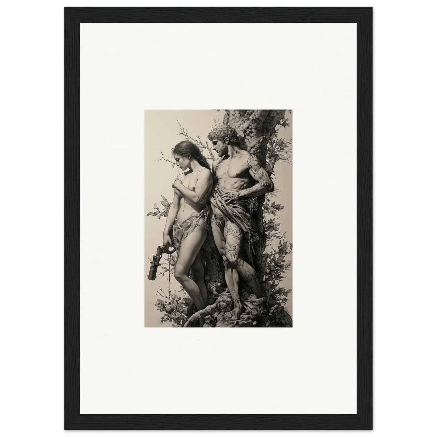 Framed black and white wall art of nude figures in a romantic scene for elegant room decor