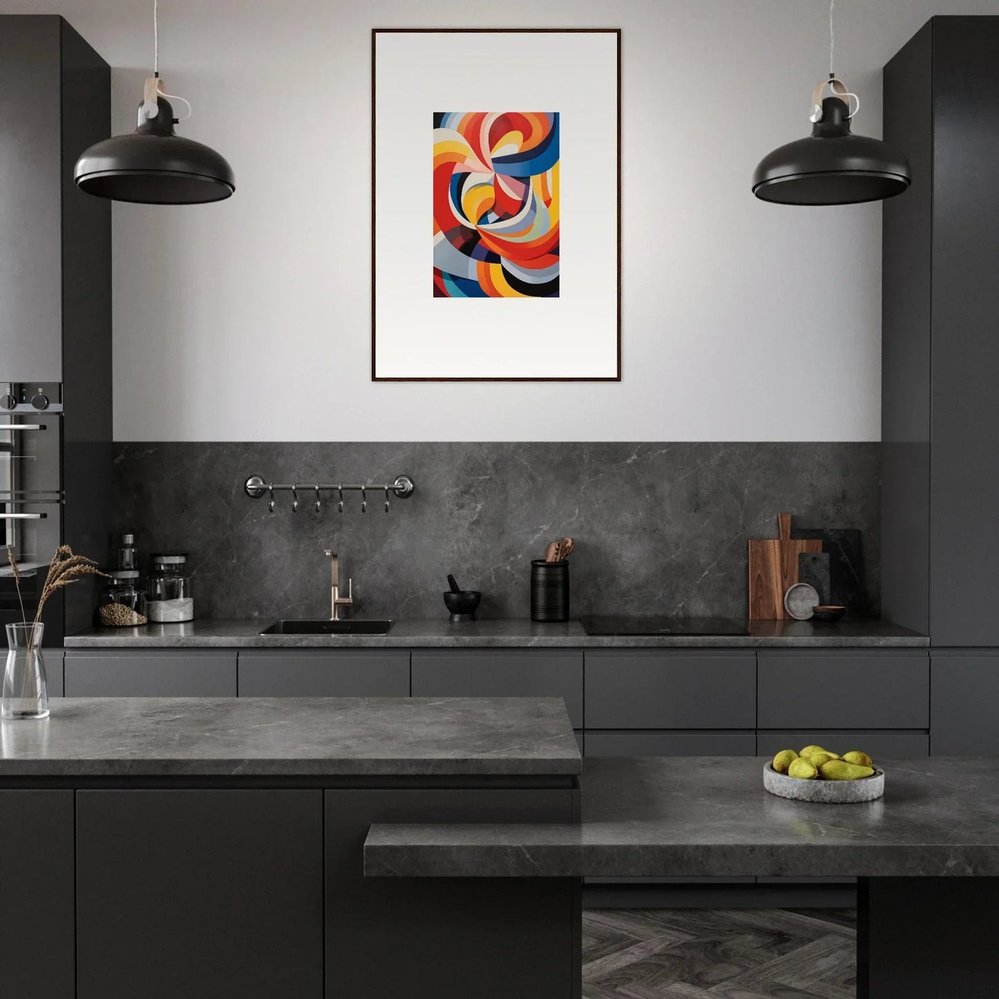 Modern kitchen with dark gray cabinets and Prismatic Gleam Symphonics framed wall art