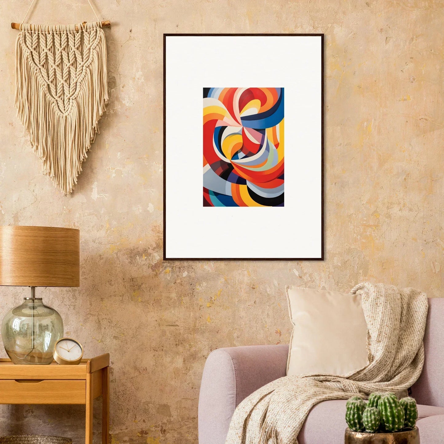 Framed wall art of Prismatic Gleam Symphonics with bold red, blue, orange, and black shapes